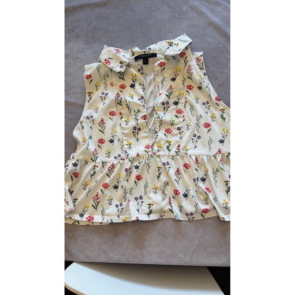 Marc New York Andrew Marc White Floral Sleeveless Peplum Tie Neck Top Large